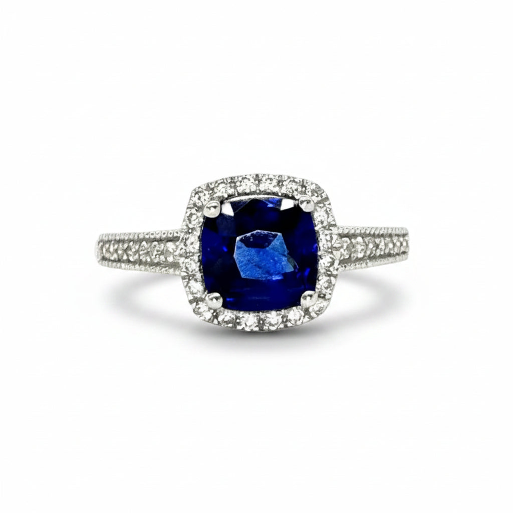 Blue Sapphire and Diamond Ring in White Gold