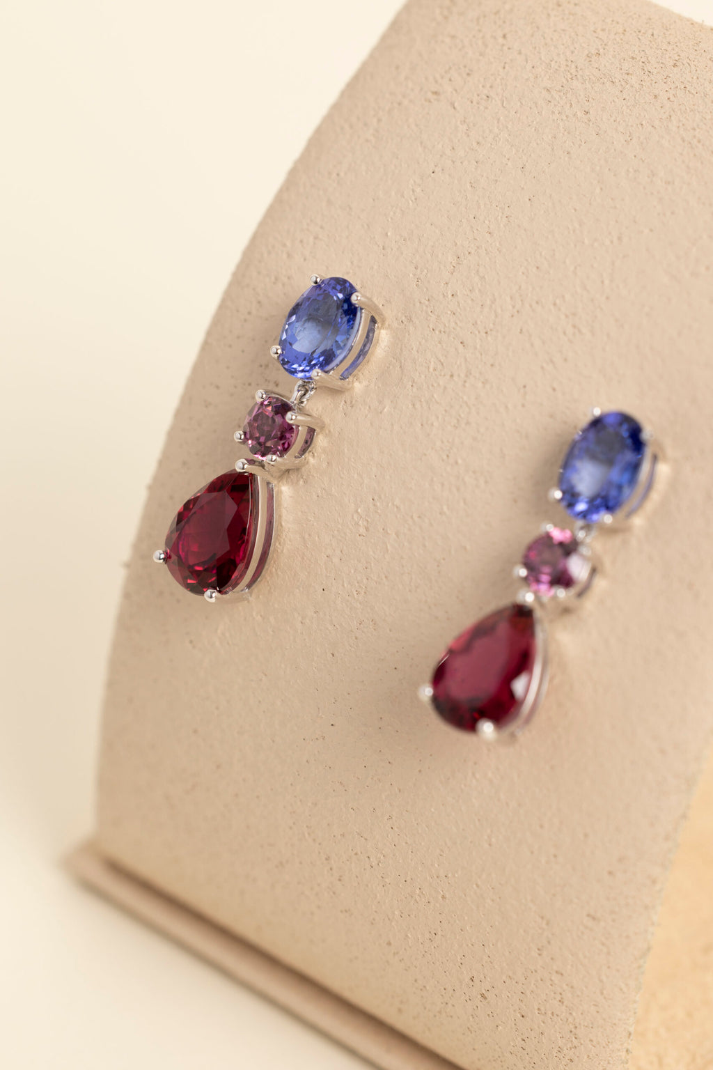 Rubellite Tourmaline, Tanzanite and Grape Garnet drop earrings in white gold image 2