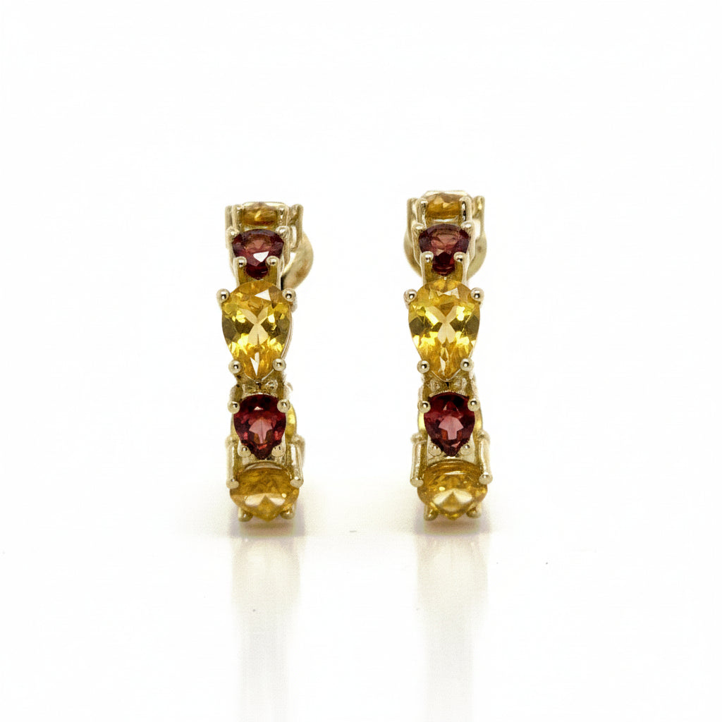 Garnet and Citrine Hoop Studs in Gold