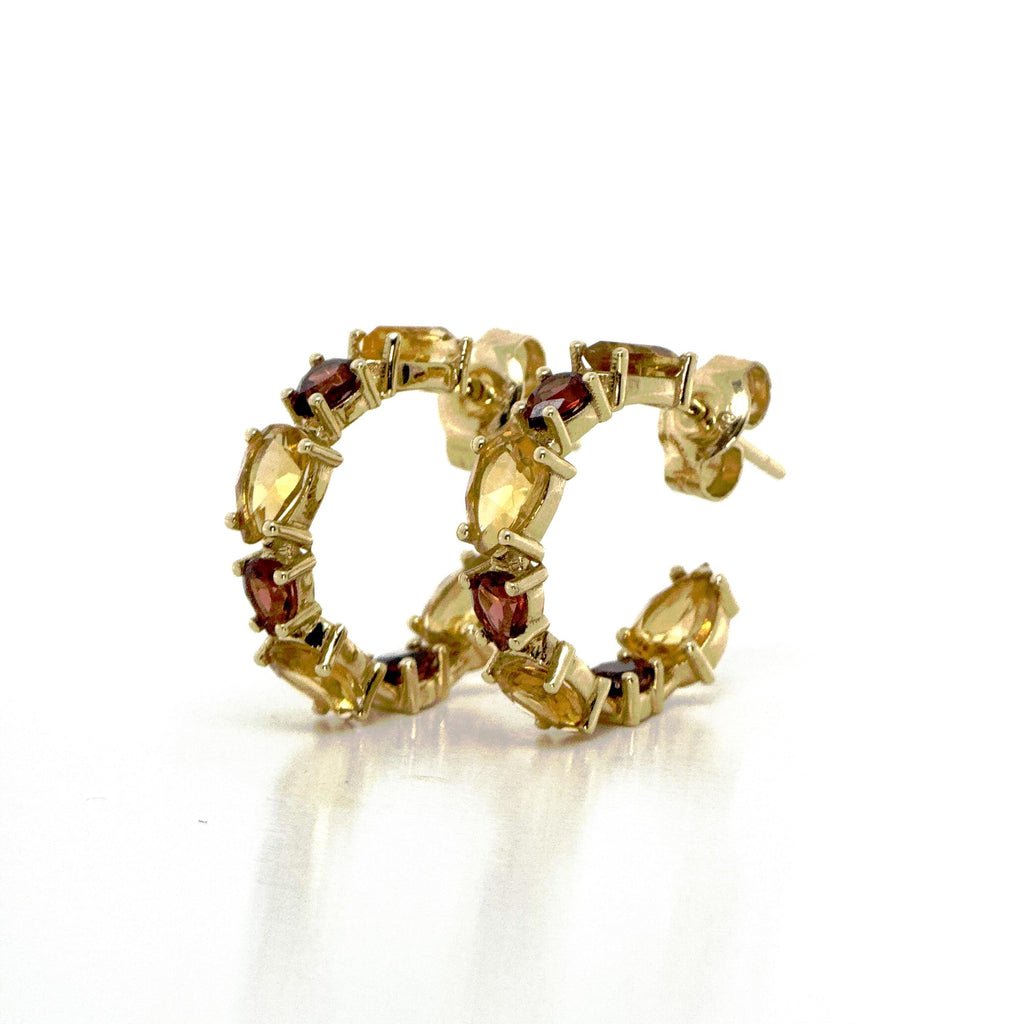 Garnet and Citrine Hoop Studs in Gold