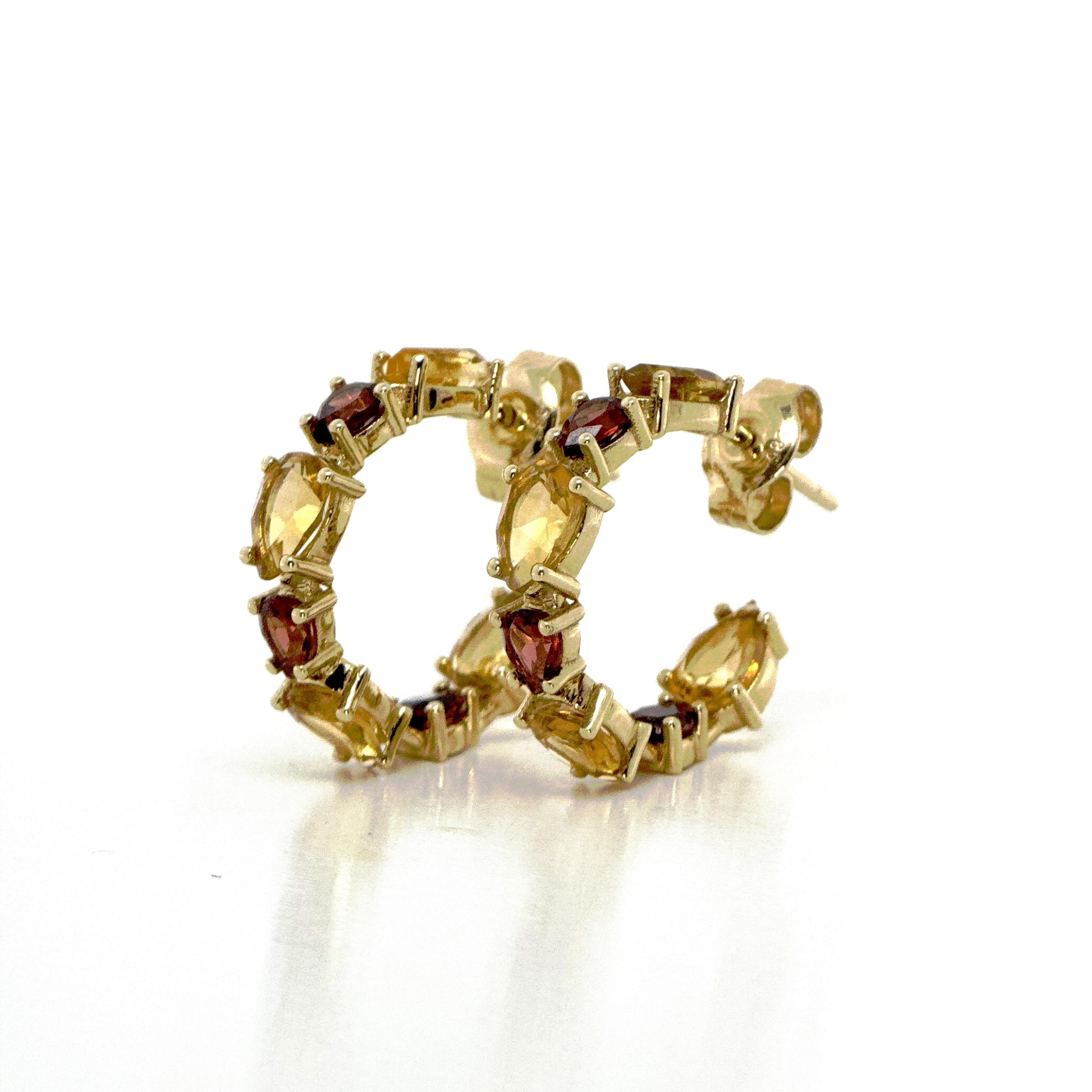Garnet and Citrine Hoop Studs in Gold