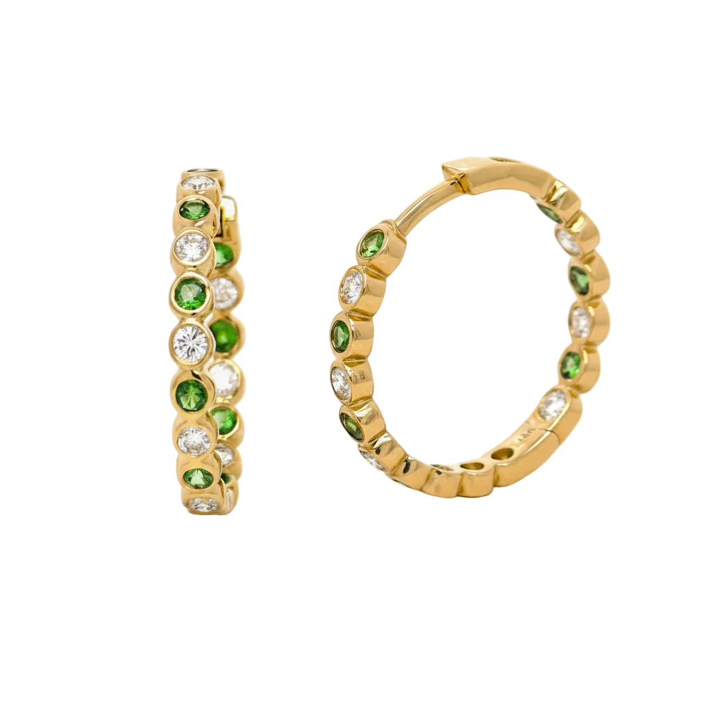 Tsavorite and Diamond hoops in Yellow Gold
