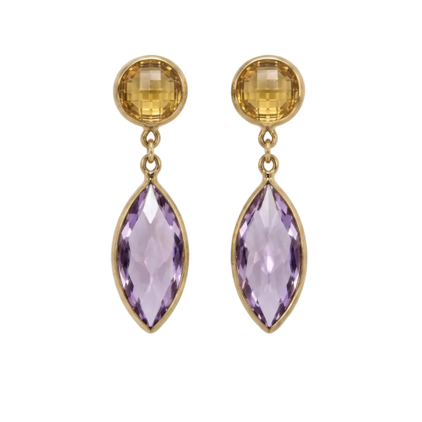 Amethyst and Citrine Earrings in Yellow Gold