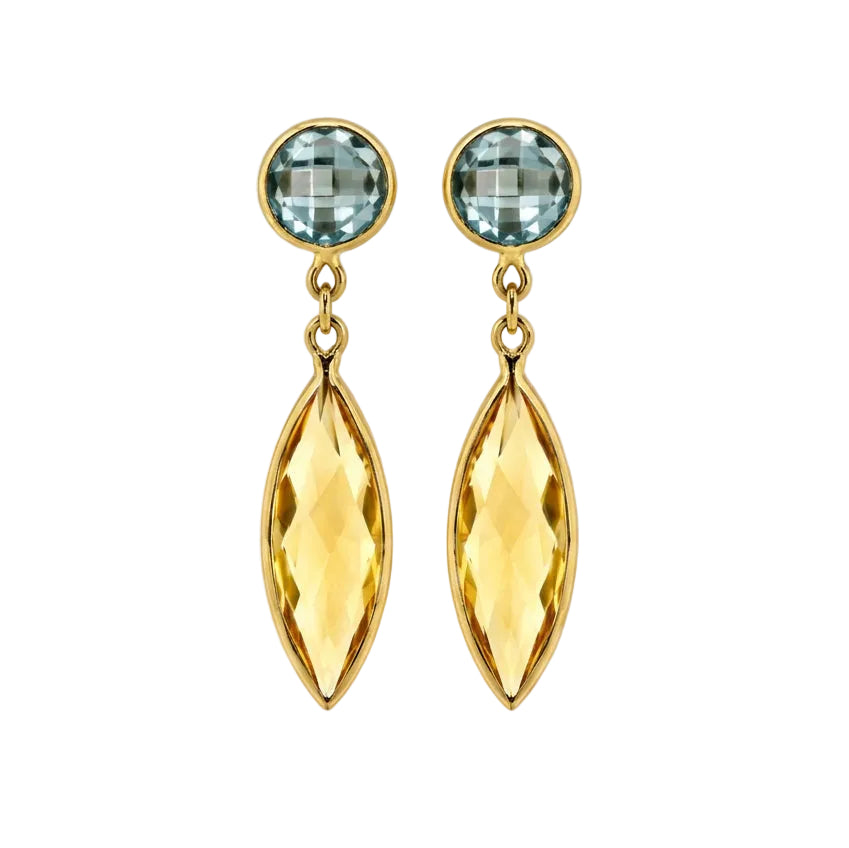 Blue Topaz and Citrine Earrings in Yellow Gold