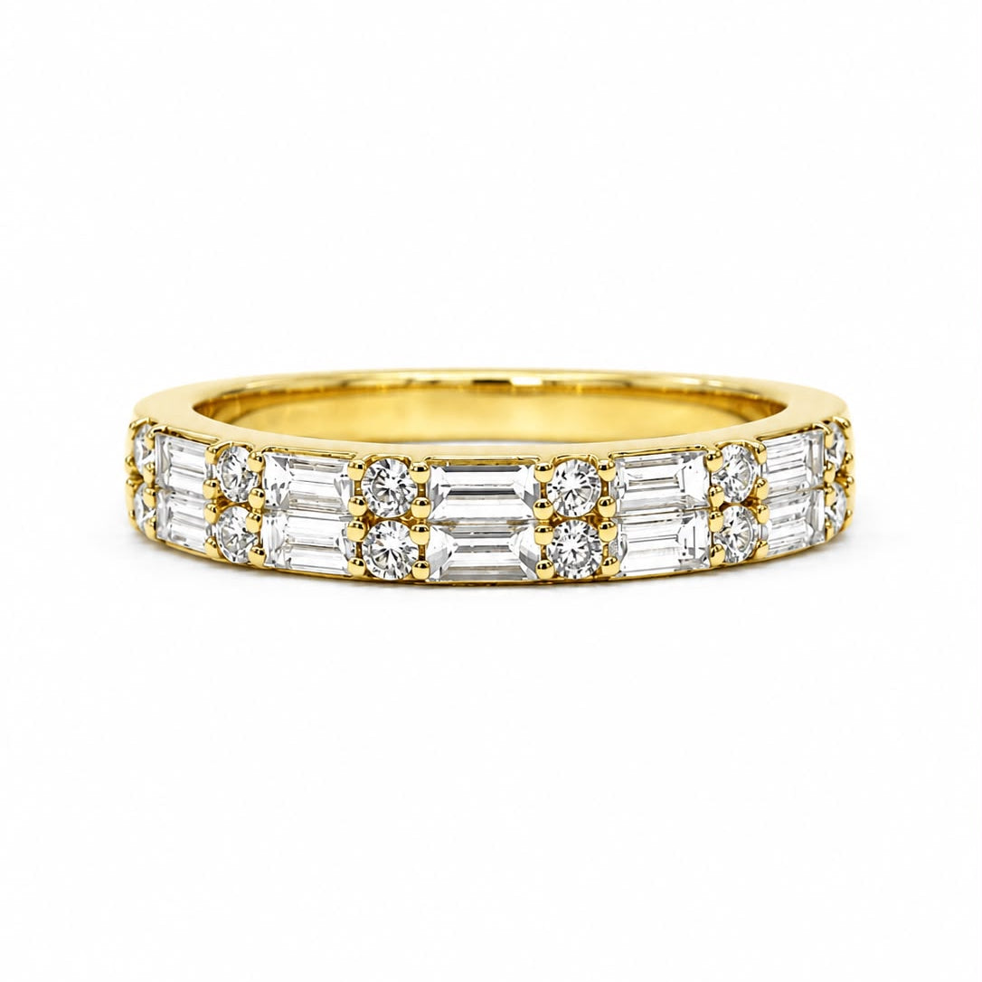 Baguette and Round Diamond Half Eternity Ring in Yellow Gold