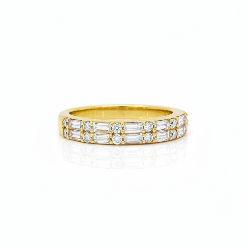 Baguette and Round Diamond Half Eternity Ring in Yellow Gold