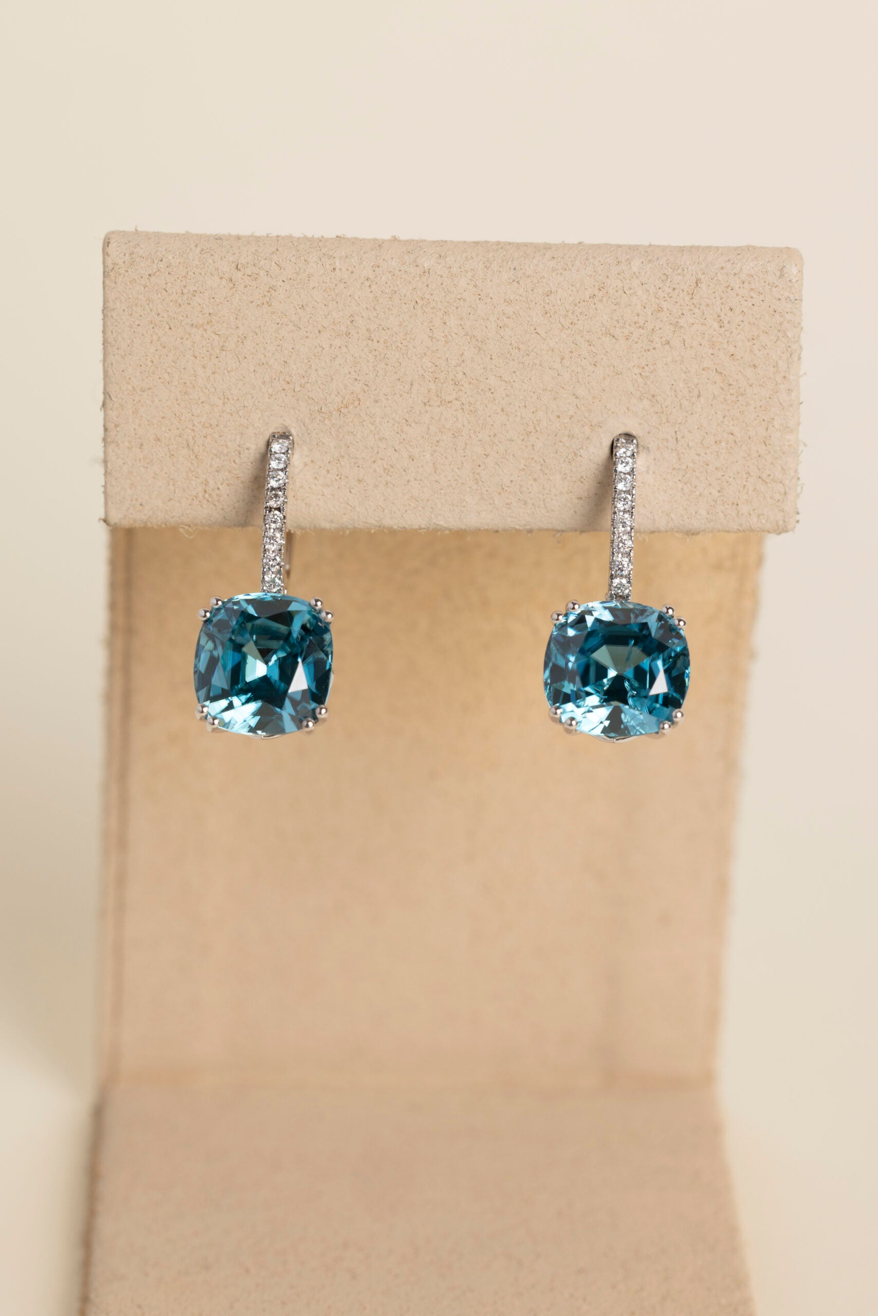 Cambolite Blue Zircon and Diamond drop huggie earrings in white gold image 1