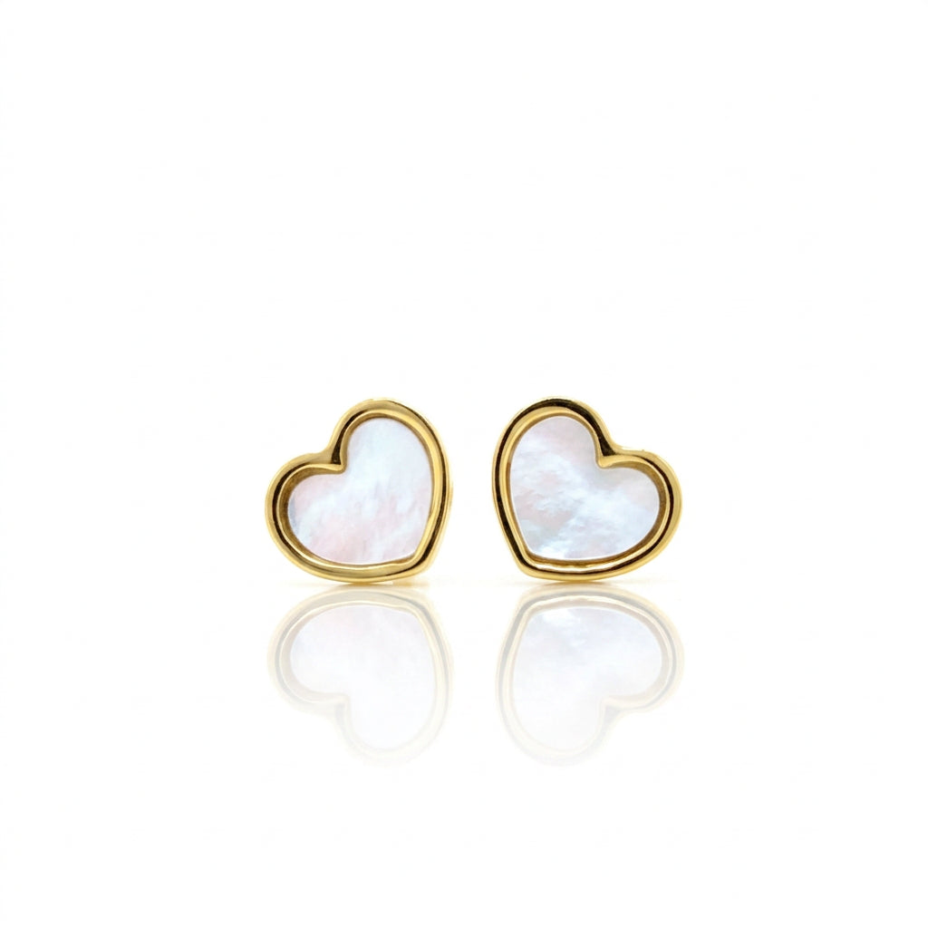 Mother of Pearl Heart Studs in Yellow Gold