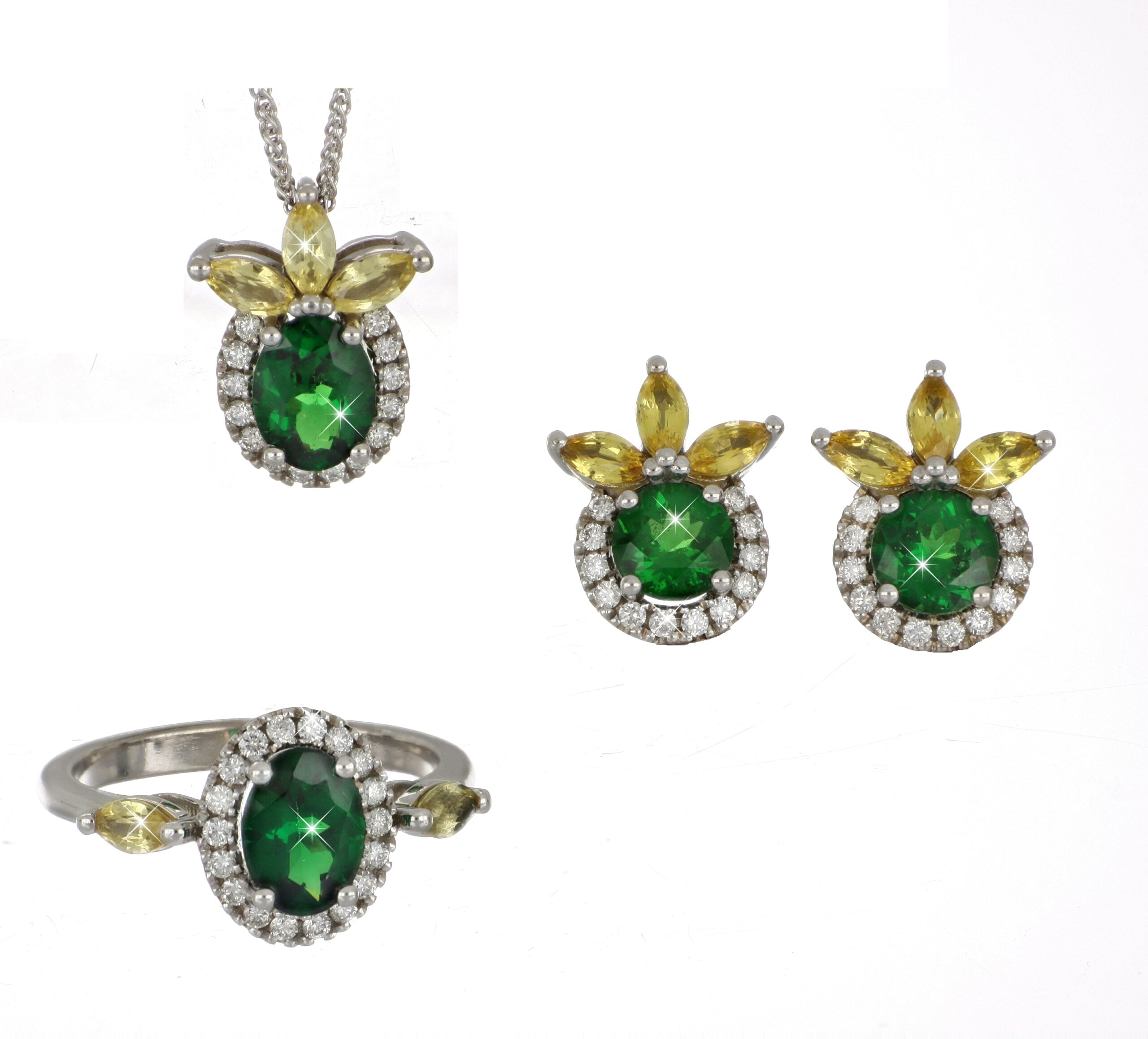 Tsavorite, Yellow Sapphire and Diamond Earrings in White Gold image 1