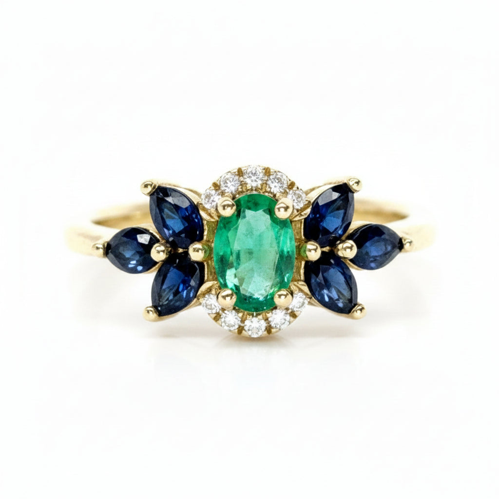 Emerald, Sapphire and Diamond Ring in Yellow Gold