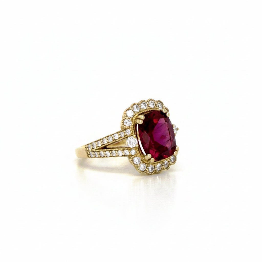 Rubellite Tourmaline and Diamond Ring in Yellow Gold