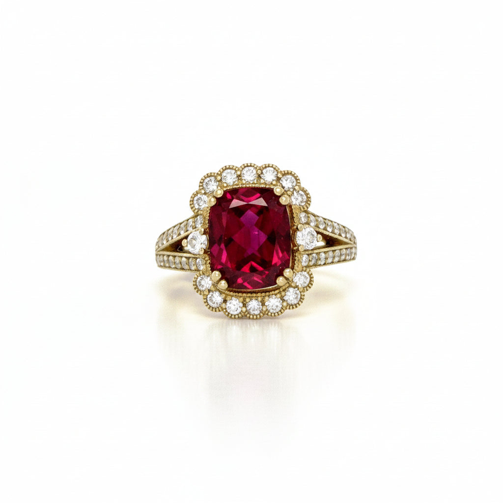 Rubellite Tourmaline and Diamond Ring in Yellow Gold