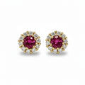 Ruby and Diamond Halo Studs in Yellow Gold