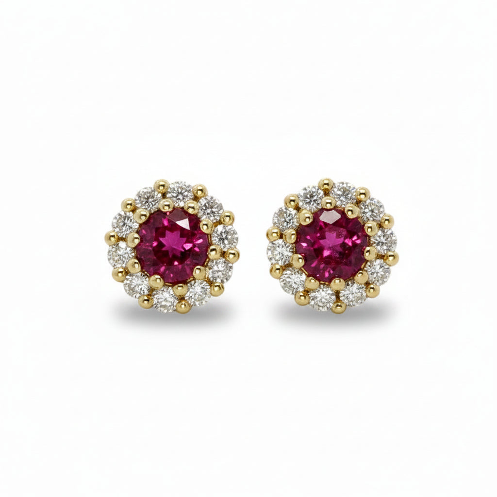 Ruby and Diamond Halo Studs in Yellow Gold