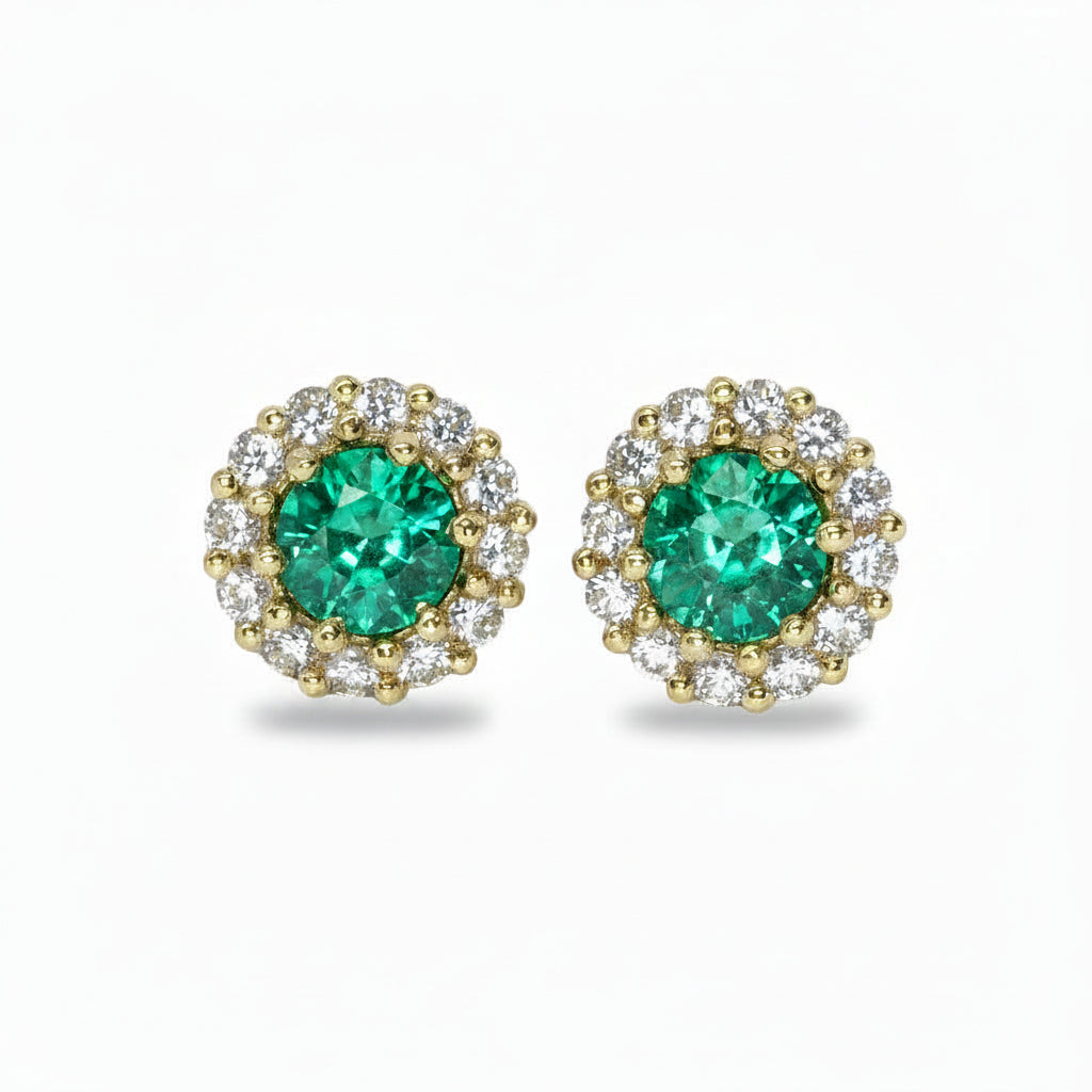 Diamond and Emerald Halo-style Earrings in Gold