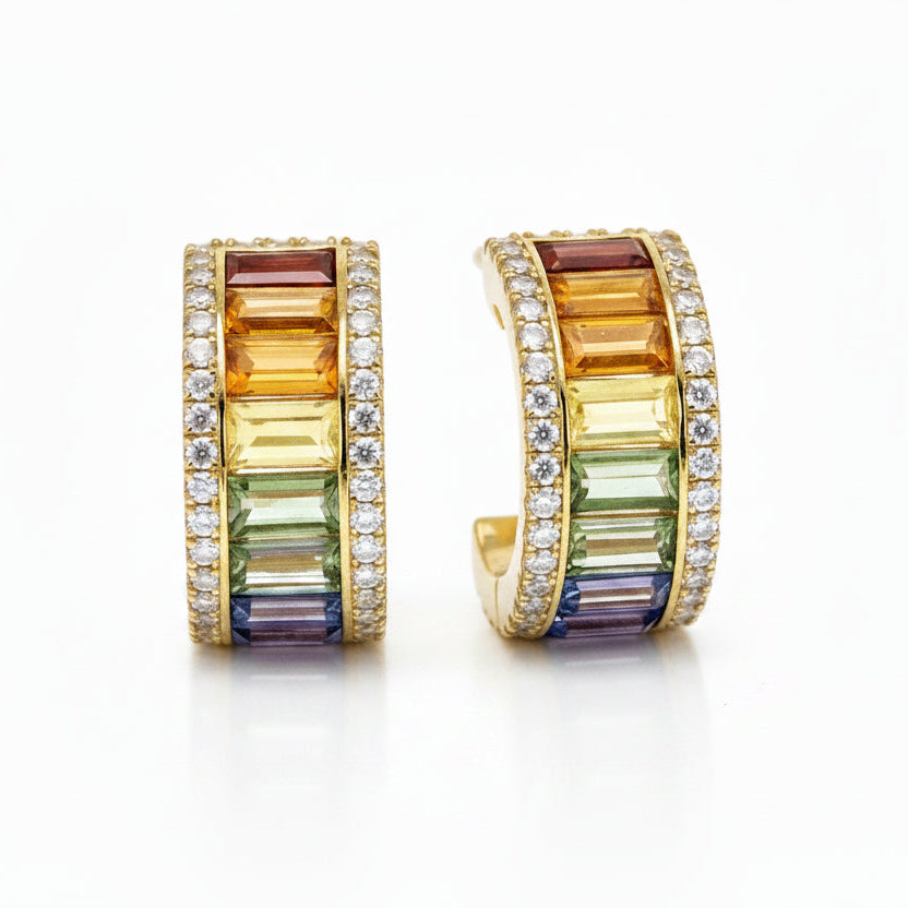 Rainbow Sapphire and Diamond Earrings in Yellow Gold