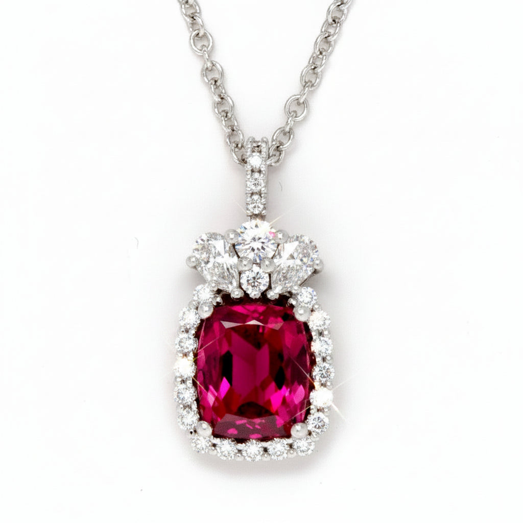 Rubellite Tourmaline and Diamond pendant in White Gold