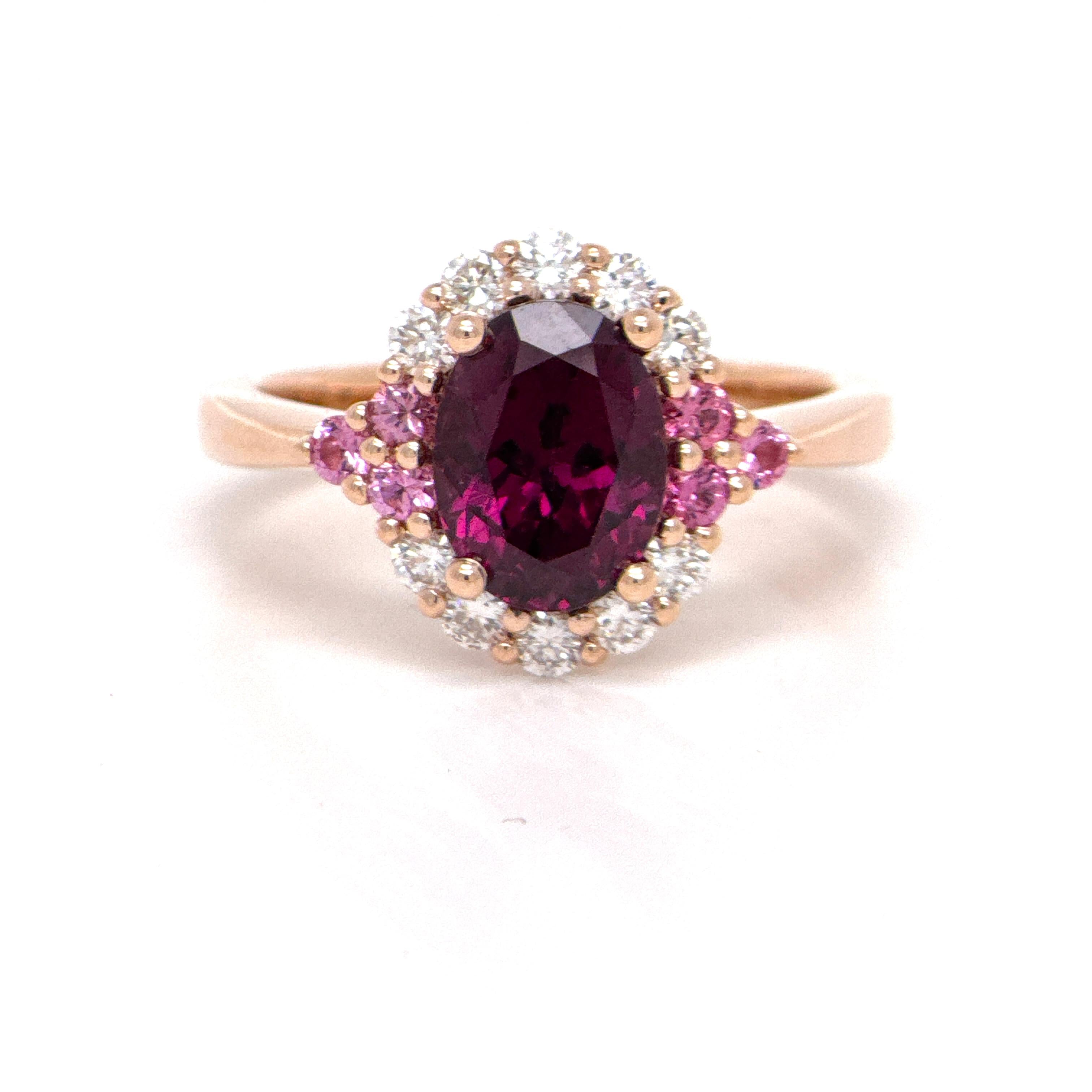 Grape Garnet, Pink Spinel and Diamond ring in Rose Gold