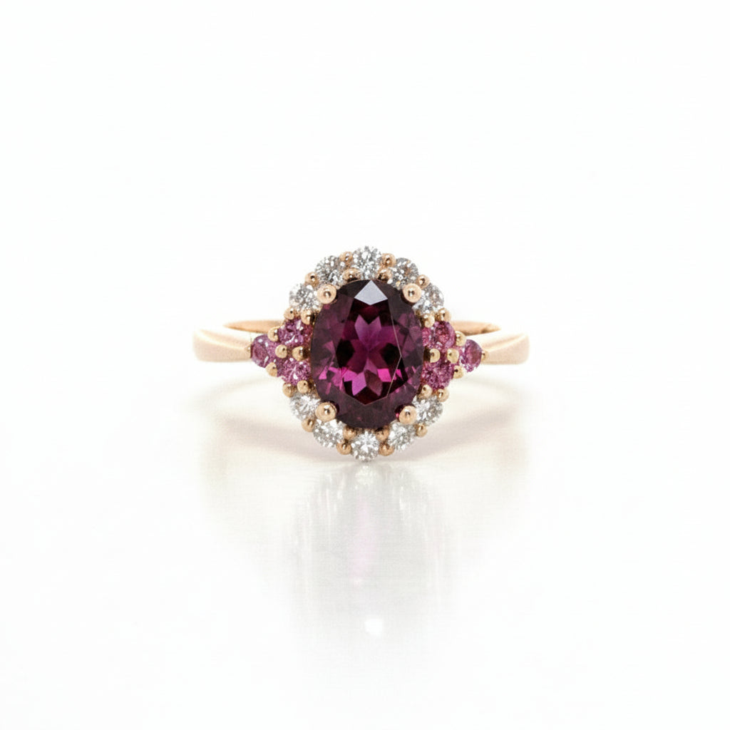 Grape Garnet, Pink Spinel and Diamond ring in Rose Gold