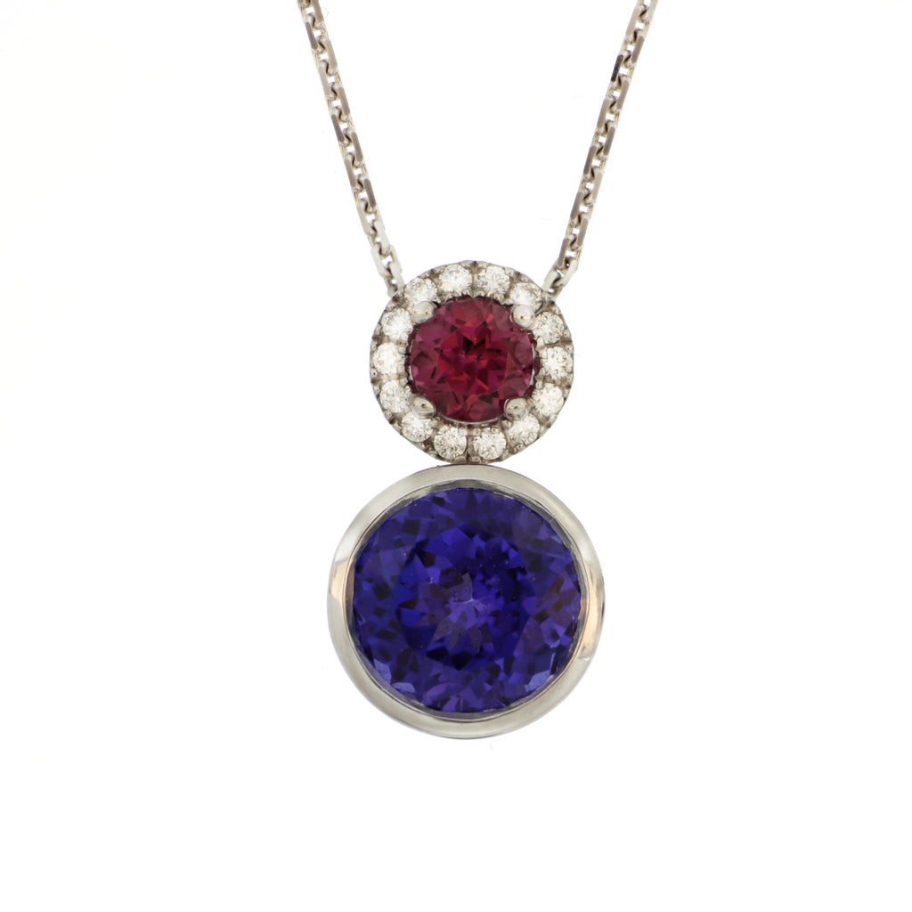 Tanzanite, Rhodolite Garnet and Diamond necklace in White Gold image 0