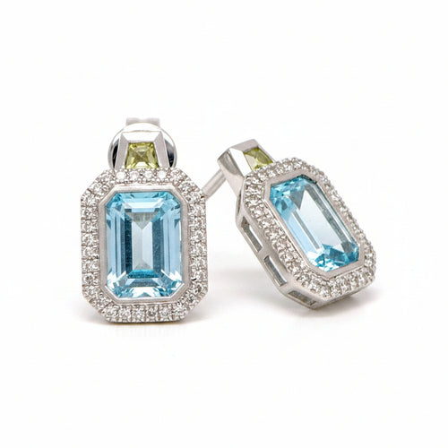 Blue Topaz, Peridot and diamond stud earrings in white gold image 0