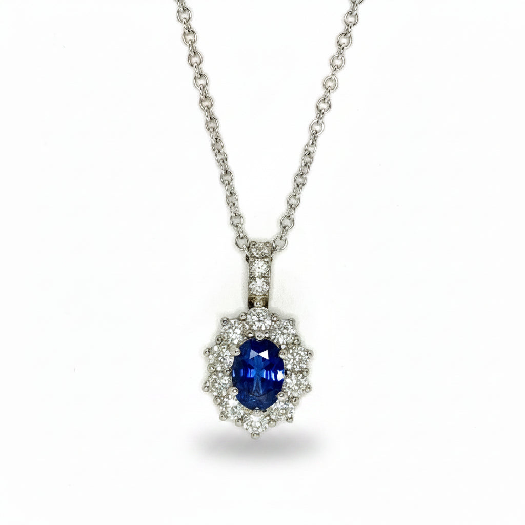 Sapphire and Diamond Halo-style Pendant in White Gold
