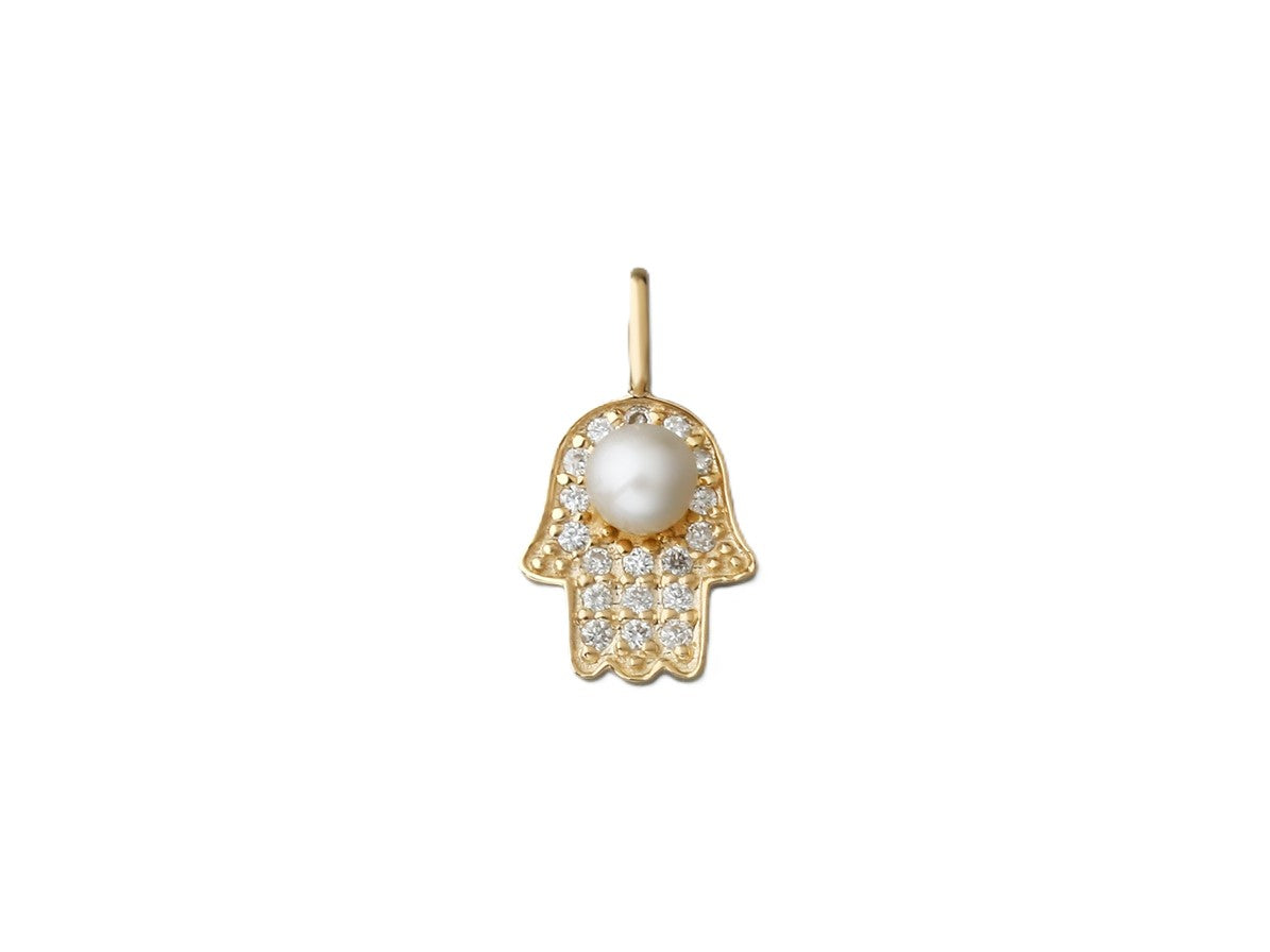 Pearl and Diamond Hamsa Pendant in Yellow Gold image 0