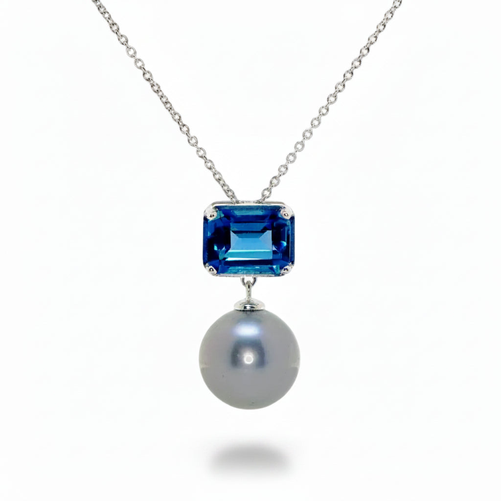 Tahitian Pearl & Blue Topaz Pendant in White Gold
