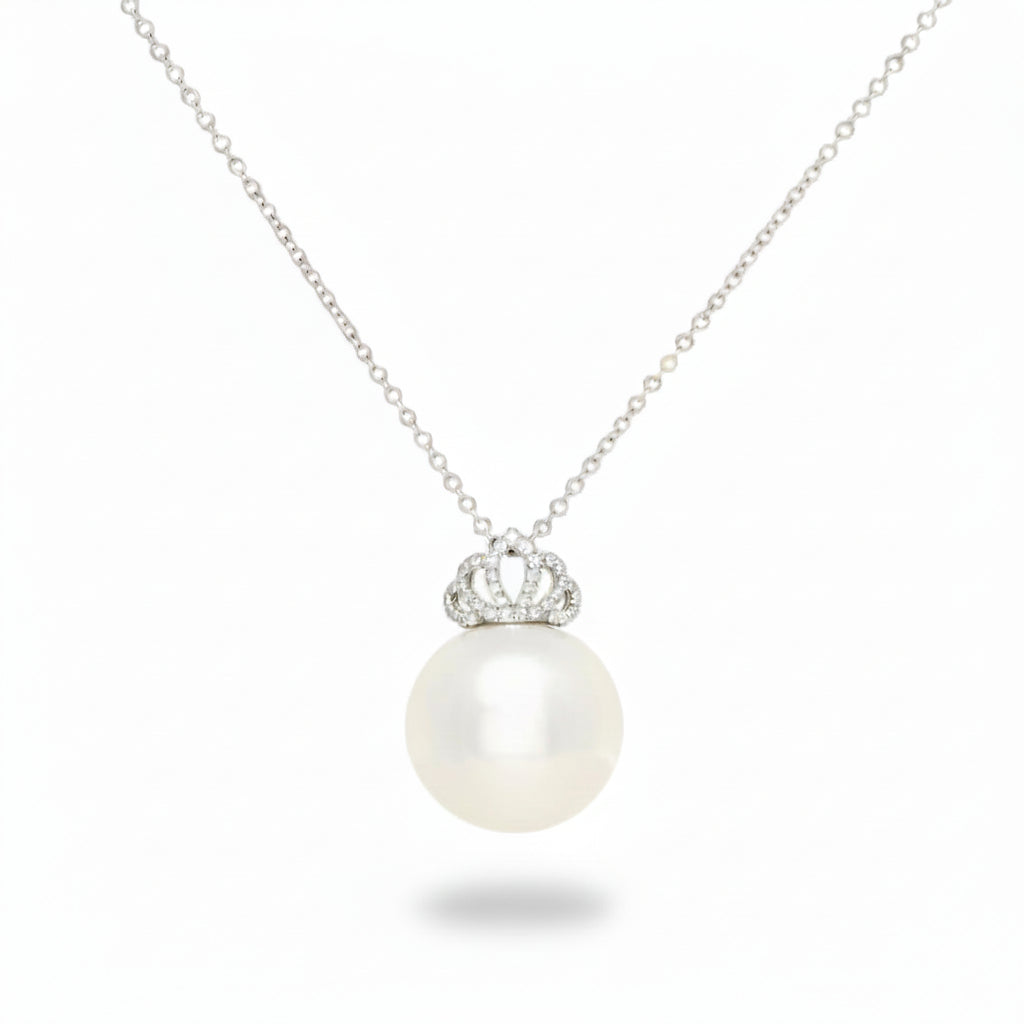 Pearl Pendant with Crown Motif in White Gold