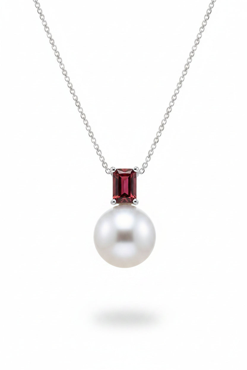 Pearl and Garnet Pendant in White Gold