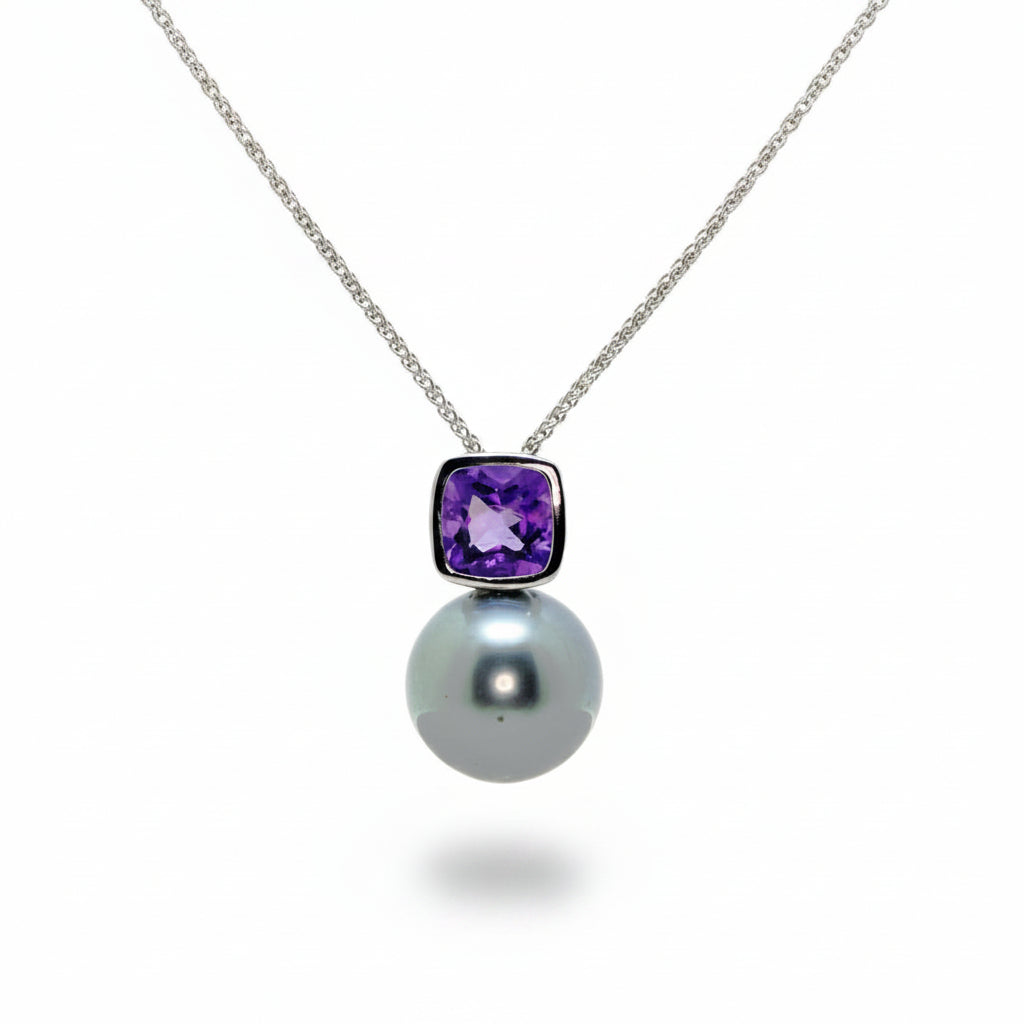 Tahitian Pearl and Amethyst Necklace in White Gold