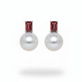 Garnet and Pearl Stud Earrings in White Gold