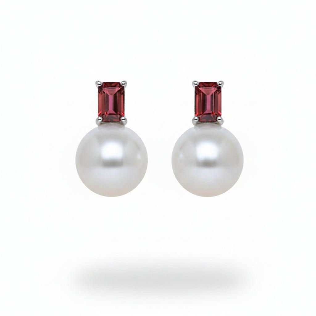 Garnet and Pearl Stud Earrings in White Gold