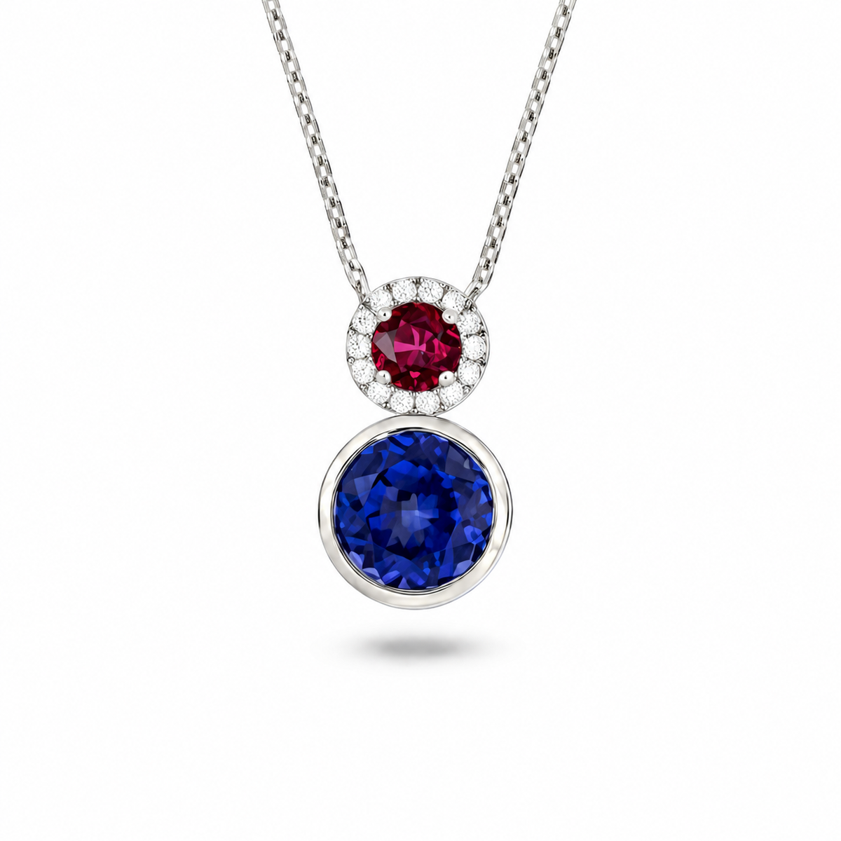 Tanzanite, Rhodolite Garnet and Diamond necklace in White Gold