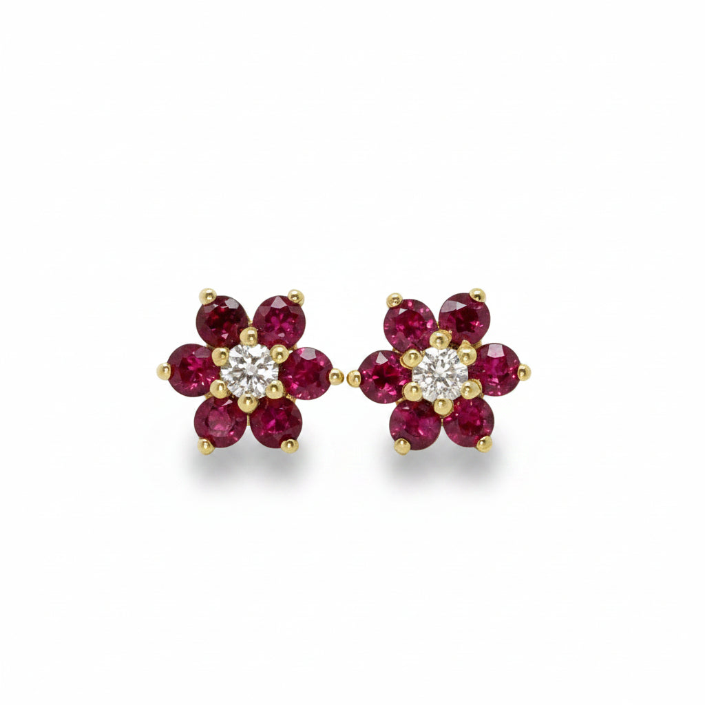 Ruby and Diamond Cluster Earrings in Gold