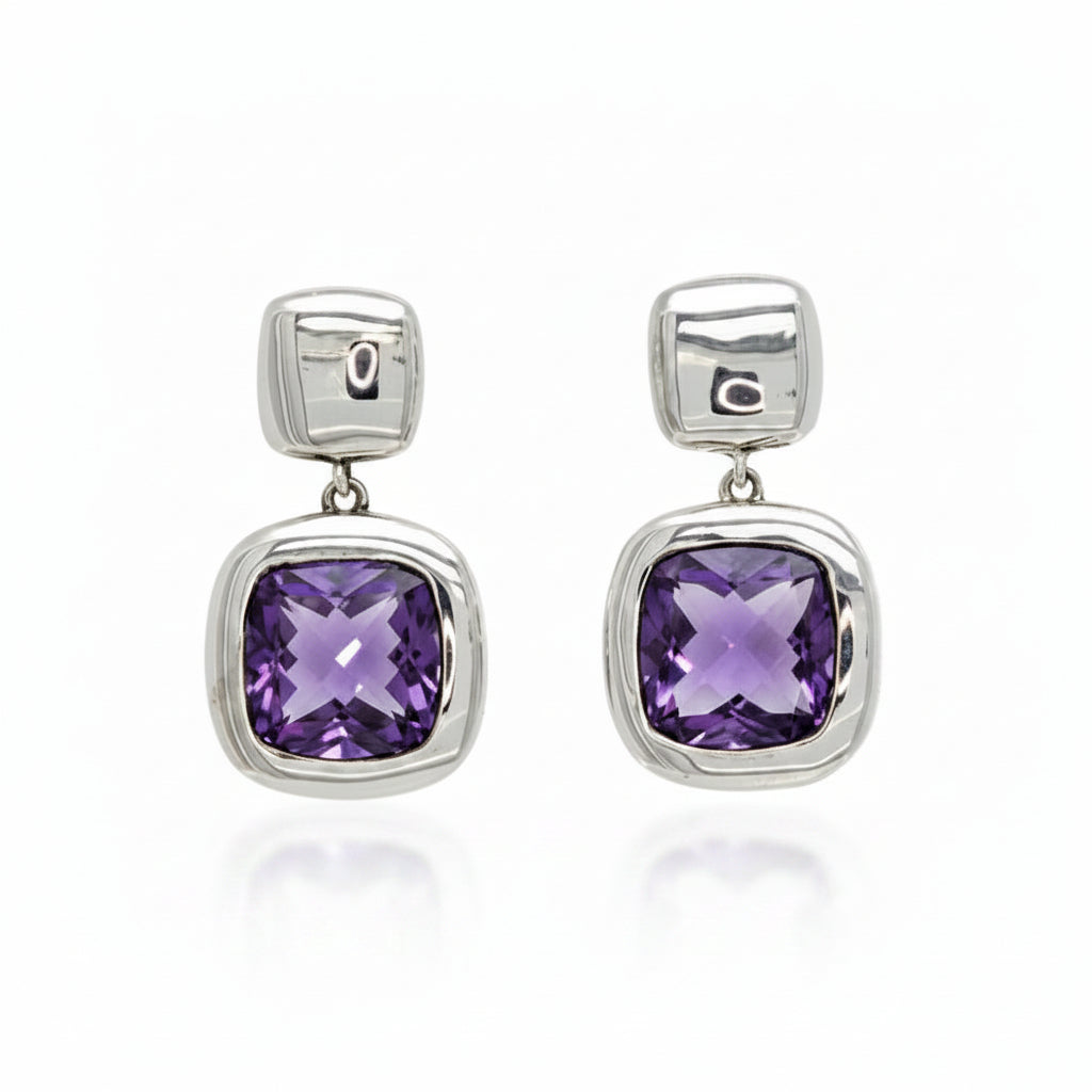 Amethyst Drop Studs in Silver