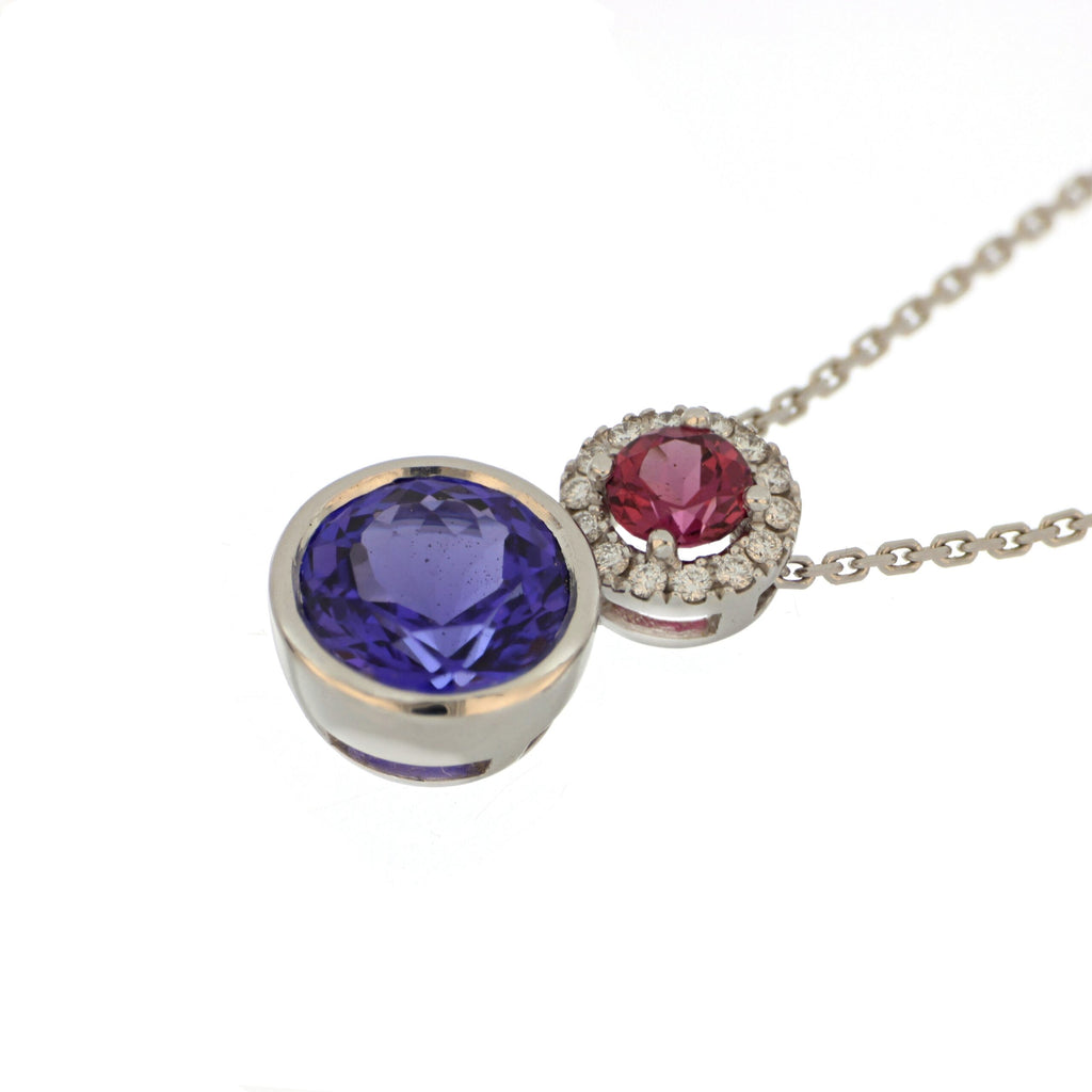 Tanzanite, Rhodolite Garnet and Diamond necklace in White Gold image 1