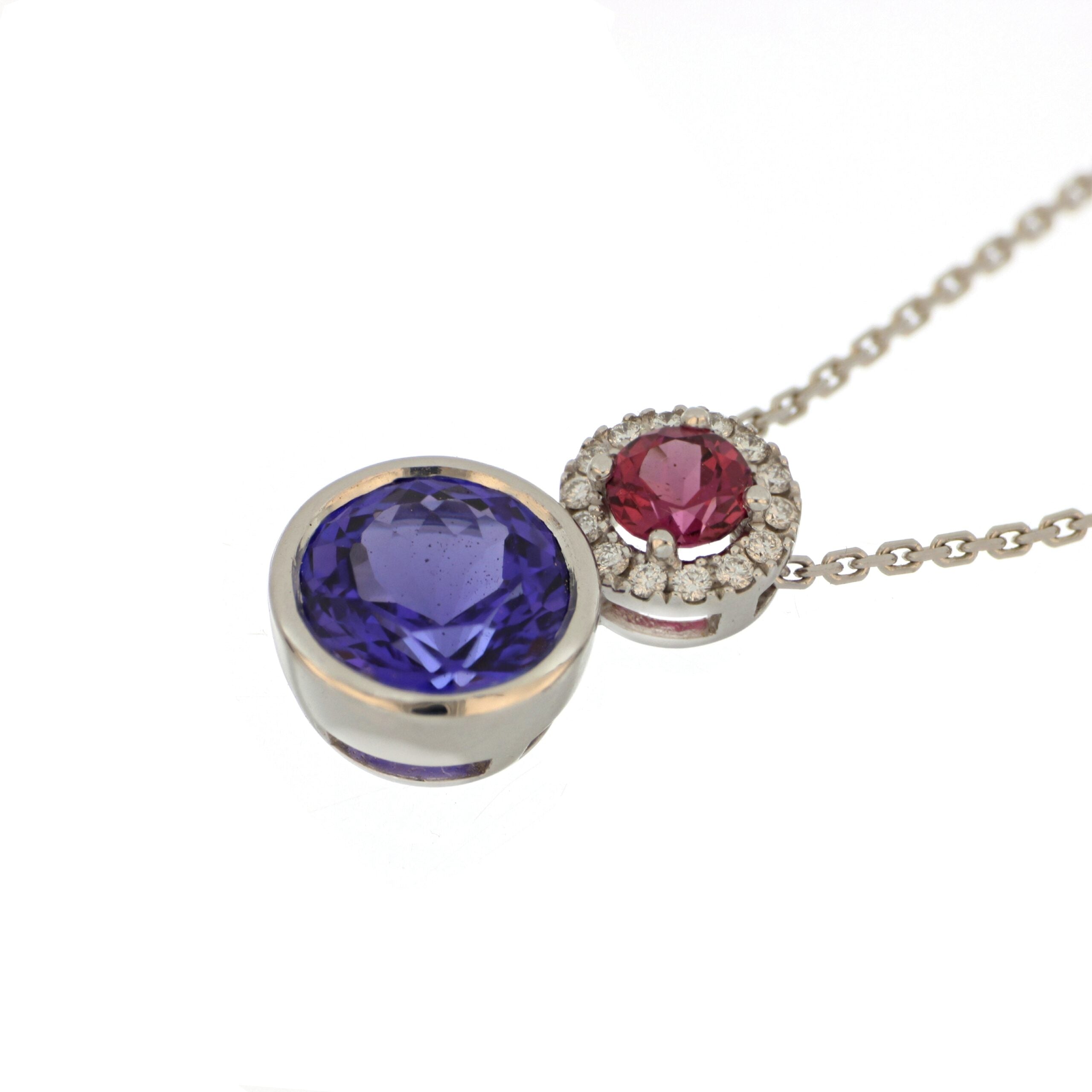 Tanzanite, Rhodolite Garnet and Diamond necklace in White Gold image 1