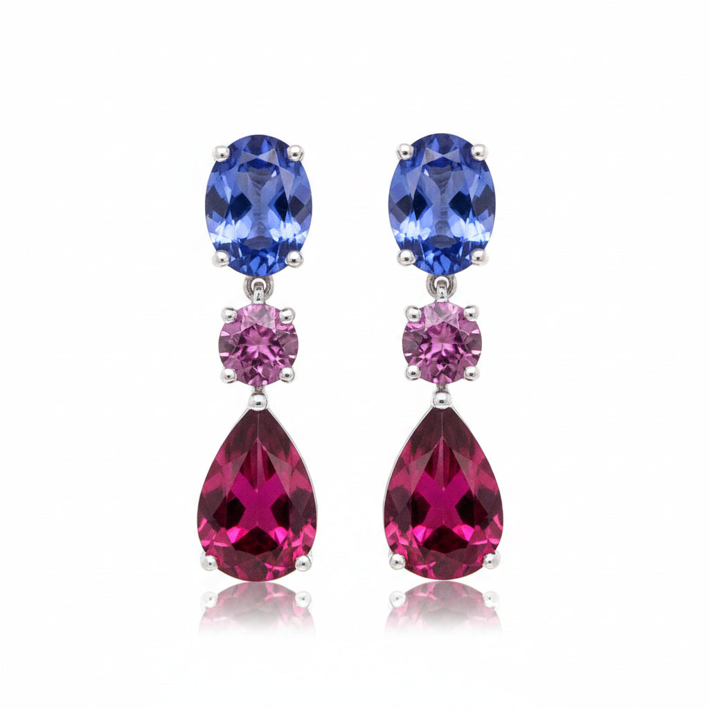 Rubellite Tourmaline, Tanzanite and Grape Garnet drop earrings in white gold image 0