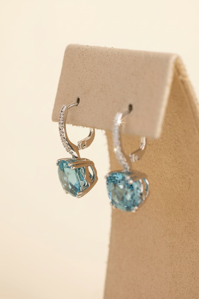 Cambolite Blue Zircon and Diamond drop huggie earrings in white gold image 2