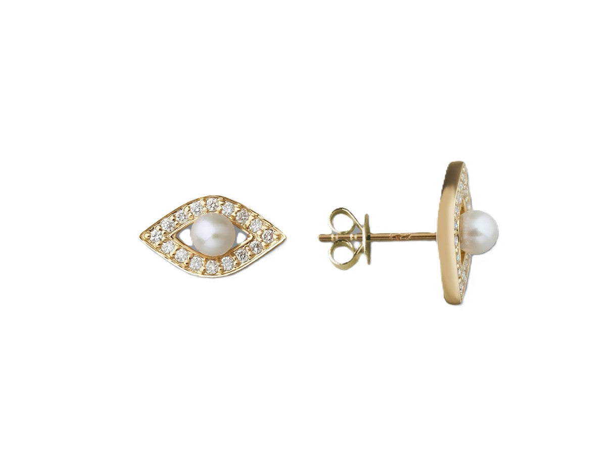 Pearl and Diamond “Evil Eye” studs in yellow gold image 0
