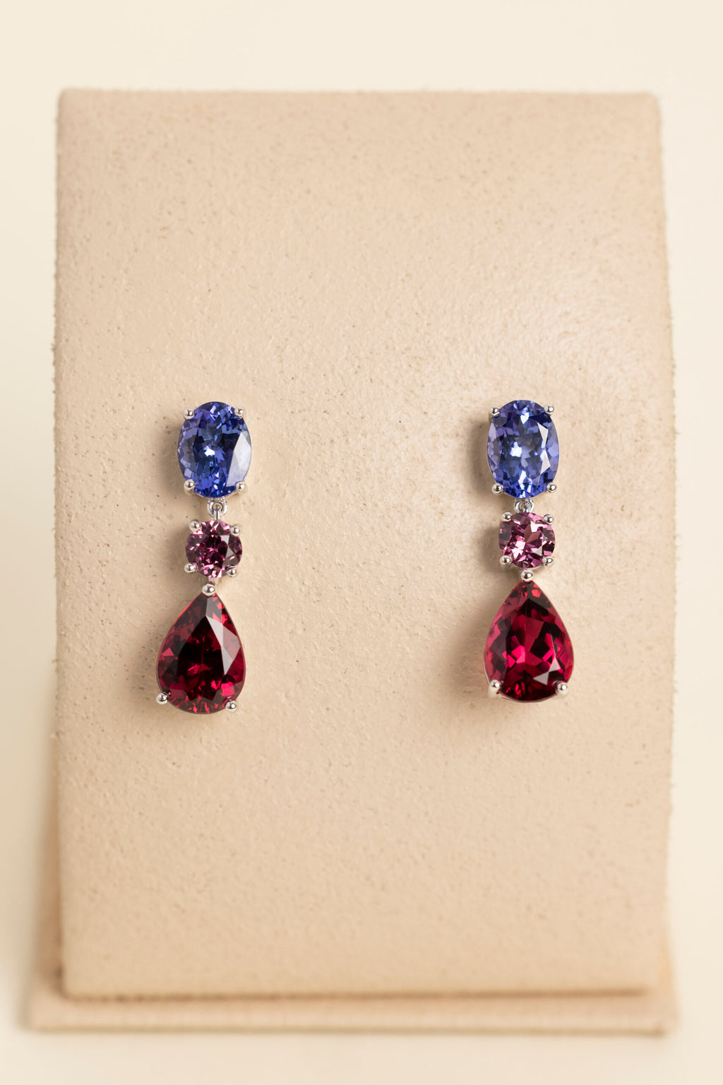 Rubellite Tourmaline, Tanzanite and Grape Garnet drop earrings in white gold image 1