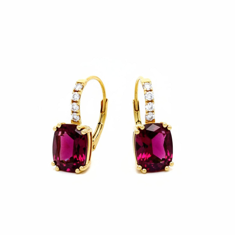 Rubellite Tourmaline and Diamond drop earrings in Yellow Gold
