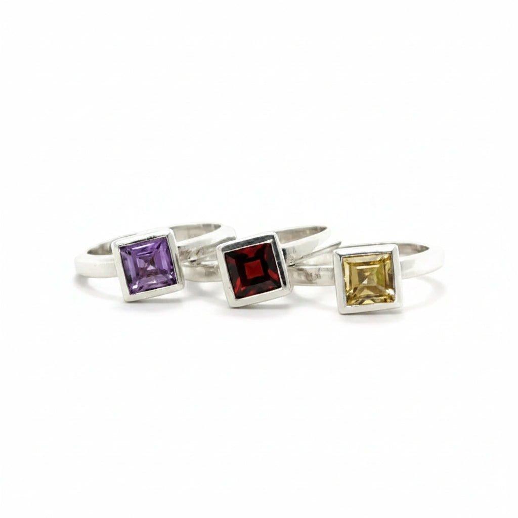Square Gemstone Ring in Silver